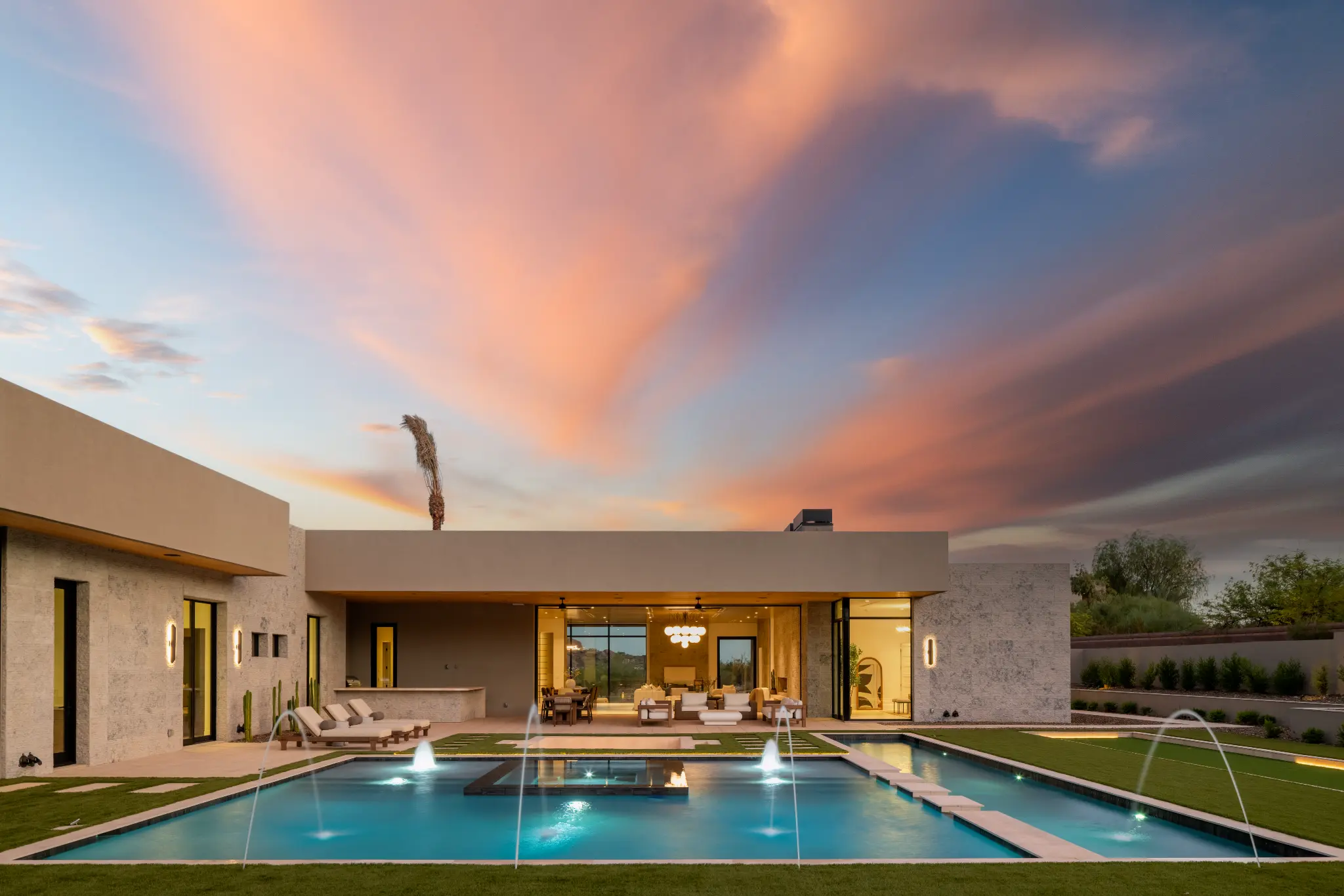 Indian Bend Estate pool courtyard at sunset in Paradise Valley