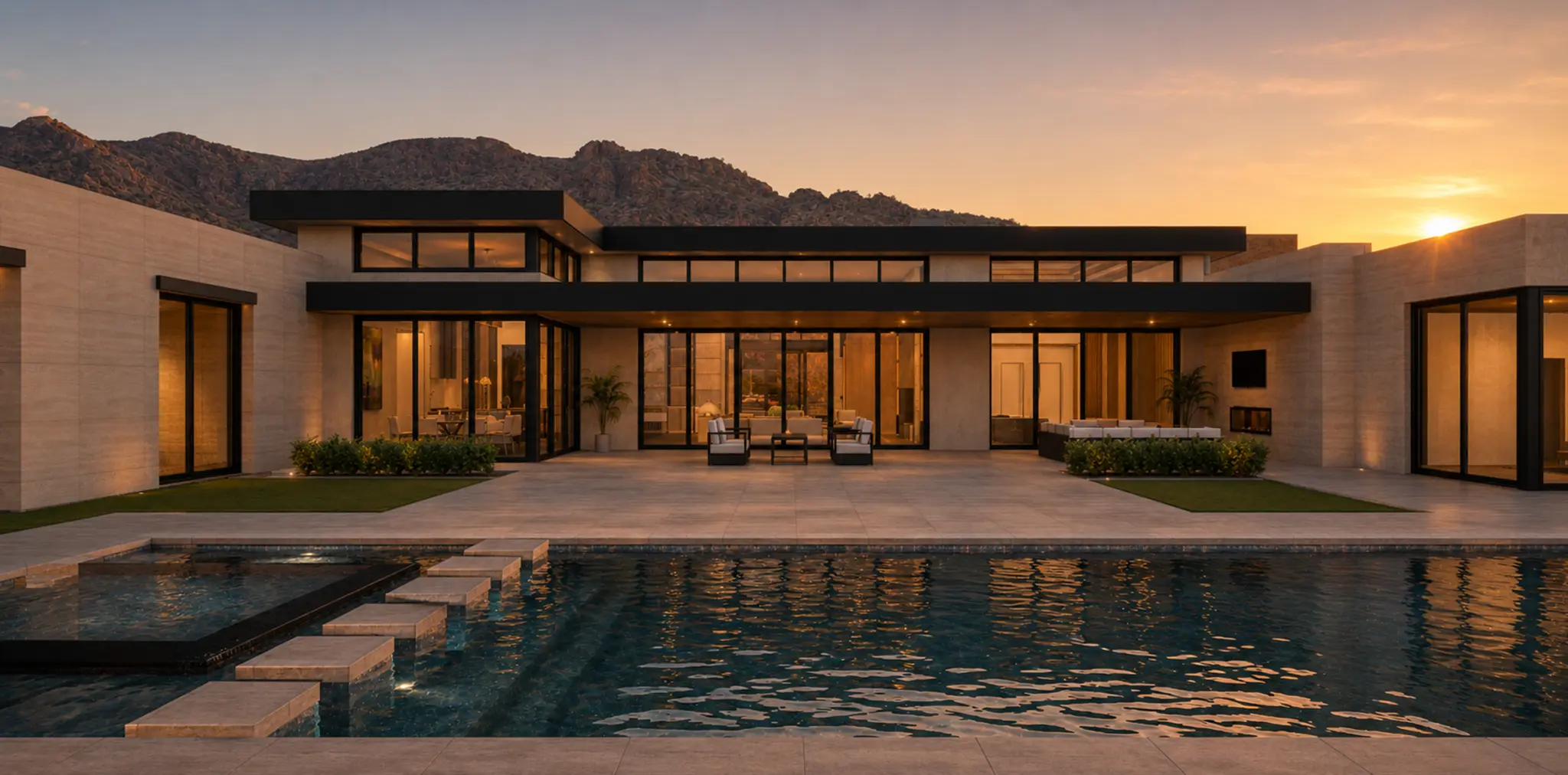 Paradise Canyon ultra-luxury residence exterior at sunset with pool