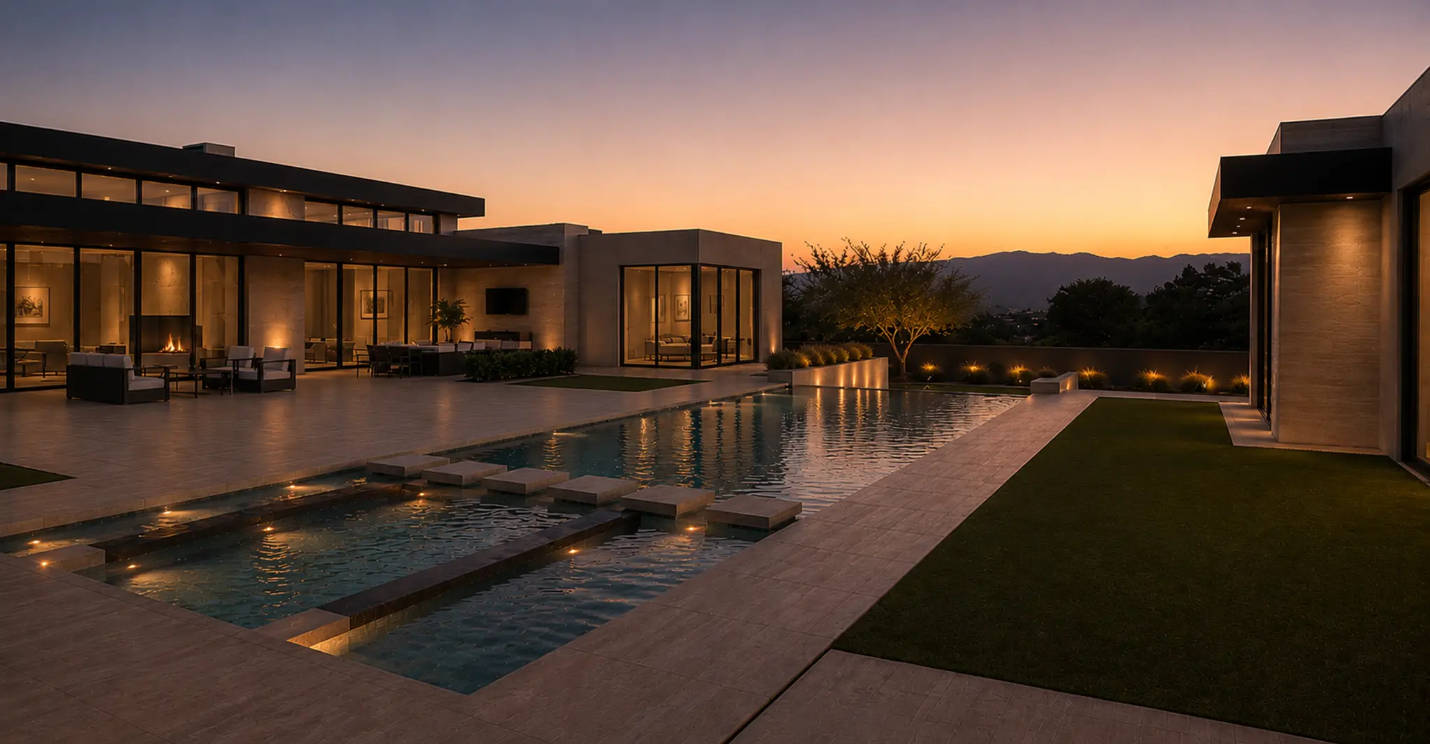 Paradise Canyon pool and outdoor living area at dusk