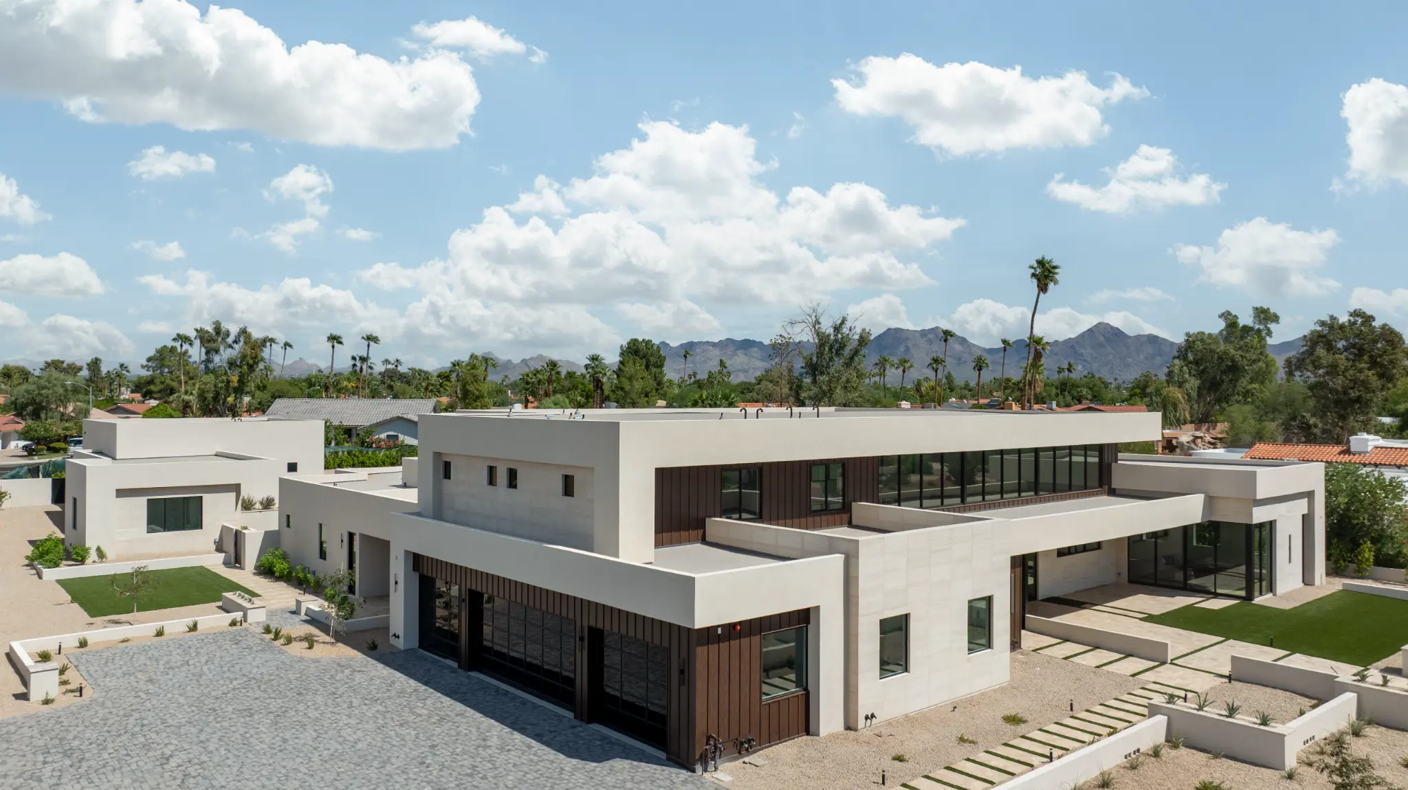 Aerial exterior view of Wethersfield Estate with Scottsdale mountain views